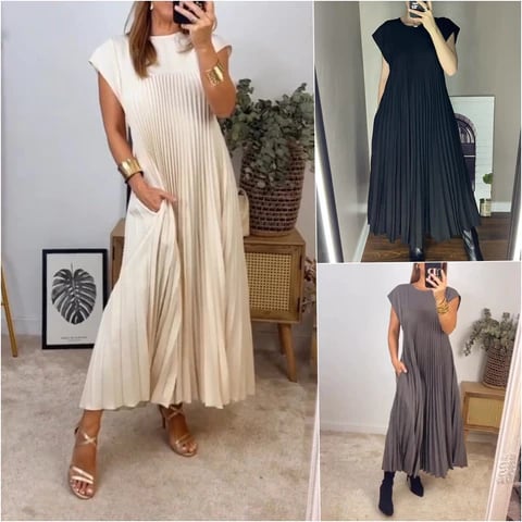 🔥Ventas calientes👗Vestido de color sólido simple plisado sin mangas