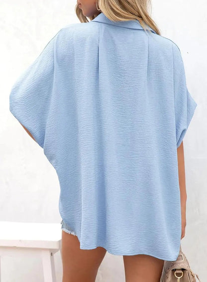 💥Hot Sale 49% Off🍃Women's Casual Button Short Sleeve Slit Hem Shirt Solid Color Tops