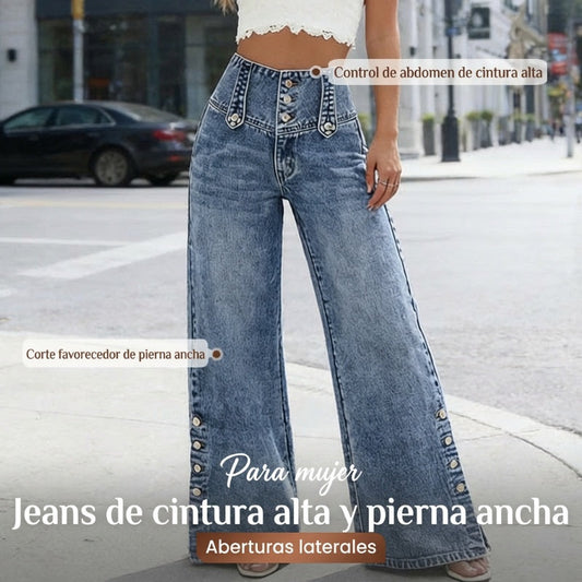 🔥50% DE DESCUENTO🔥👖Vaqueros de Cintura Alta y Pierna Ancha para Mujer – Aberturas Laterales, Estilo Moderno y Cómodo 🌸