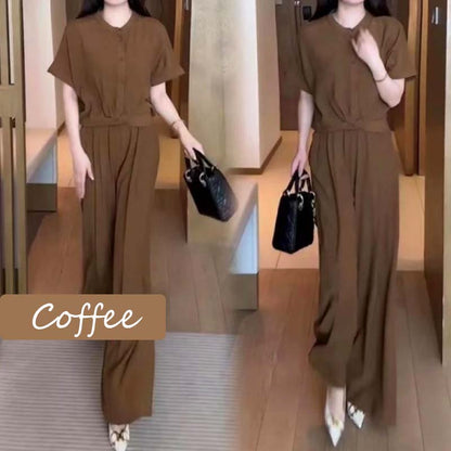 Solid Color Button Down Wide Leg Pants 2-Piece Set