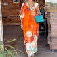 Floral Print Loose Long Dress with Half Sleeves