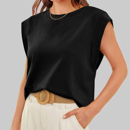 Solid Color Round Neck Cap Sleeve Top