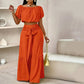Conjunto de dos piezas para mujer: top de hombros descubiertos con mangas abullonadas y pantalones de pierna ancha – elegante, cómodo y perfecto para los días de verano ☀️