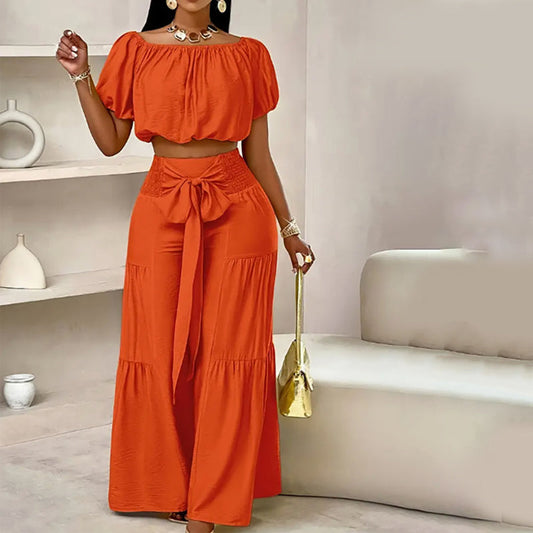 Conjunto de dos piezas para mujer: top de hombros descubiertos con mangas abullonadas y pantalones de pierna ancha – elegante, cómodo y perfecto para los días de verano ☀️