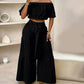 Conjunto de dos piezas para mujer: top de hombros descubiertos con mangas abullonadas y pantalones de pierna ancha – elegante, cómodo y perfecto para los días de verano ☀️