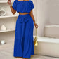 Conjunto de dos piezas para mujer: top de hombros descubiertos con mangas abullonadas y pantalones de pierna ancha – elegante, cómodo y perfecto para los días de verano ☀️