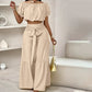 Conjunto de dos piezas para mujer: top de hombros descubiertos con mangas abullonadas y pantalones de pierna ancha – elegante, cómodo y perfecto para los días de verano ☀️