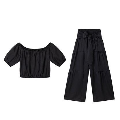 Conjunto de dos piezas para mujer: top de hombros descubiertos con mangas abullonadas y pantalones de pierna ancha – elegante, cómodo y perfecto para los días de verano ☀️