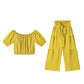 Conjunto de dos piezas para mujer: top de hombros descubiertos con mangas abullonadas y pantalones de pierna ancha – elegante, cómodo y perfecto para los días de verano ☀️