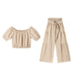 Conjunto de dos piezas para mujer: top de hombros descubiertos con mangas abullonadas y pantalones de pierna ancha – elegante, cómodo y perfecto para los días de verano ☀️