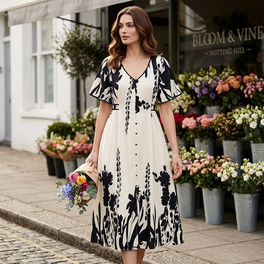 Elegante vestido midi con escote en V y estampado botánico