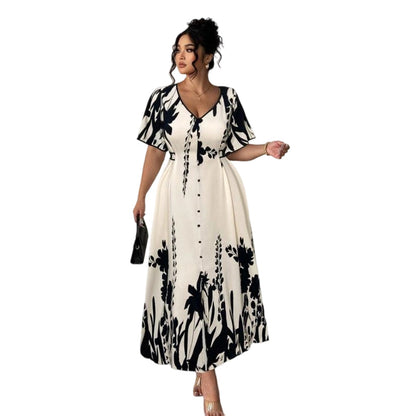 Elegante vestido midi con escote en V y estampado botánico